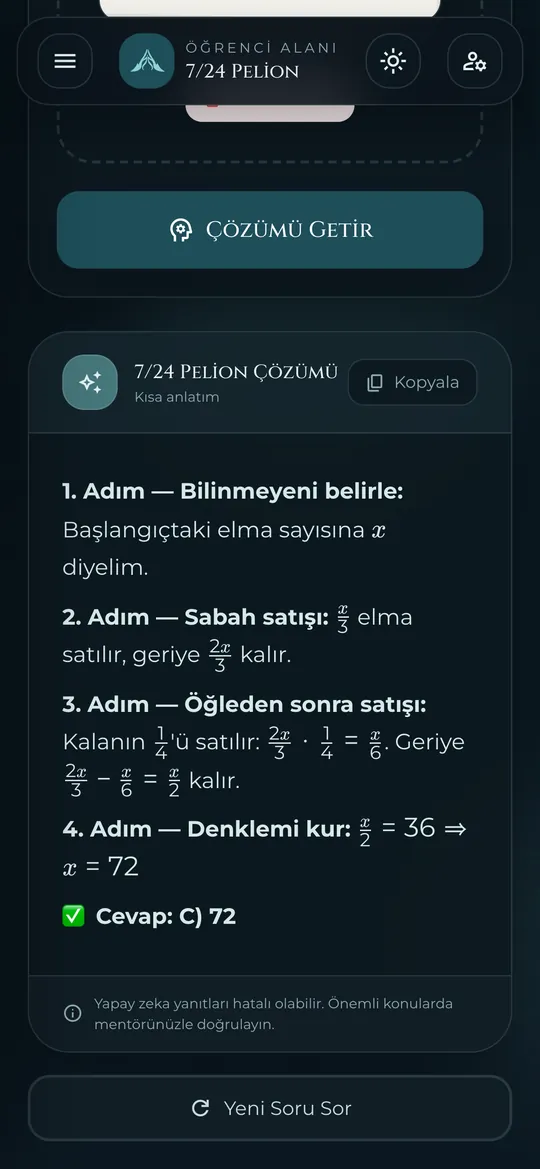 7/24 Pelion ekranında sorunun adım adım çözümü, telefon görünümü