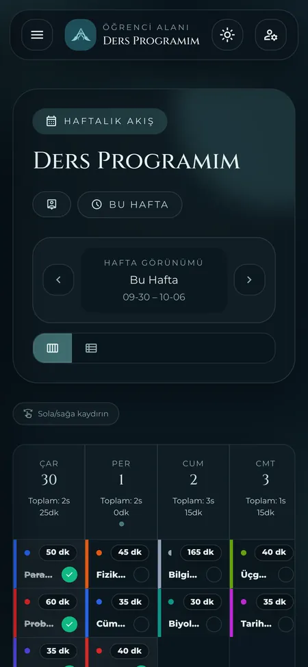 Öğrenci panelinde haftalık ders programı, telefon görünümü